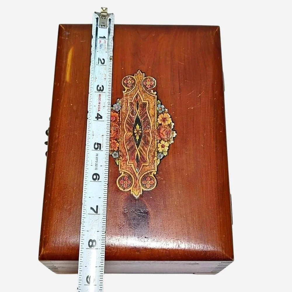 Vintage Dovetail Wood Jewelry Keepsake Box Floral Inlay Brass